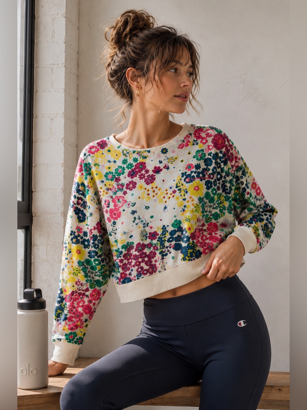 Champion Campus Flower Power Floral Cropped Crewneck L Sweatshirt Women’s Y2K I